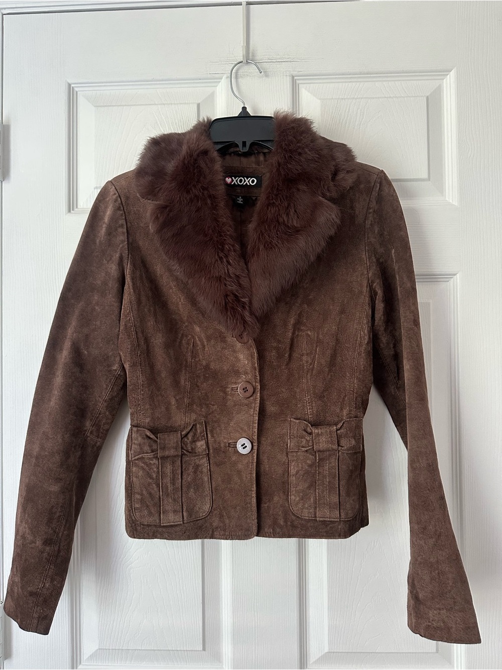 Vintage Y2K XOXO Brown Suede Rabbit Fur Collar Jacket Small